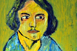 In meiner Spur. Zwei gelbe Gesichter und drei Sonnenblumen.