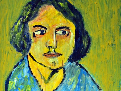 In meiner Spur. Zwei gelbe Gesichter und drei Sonnenblumen.